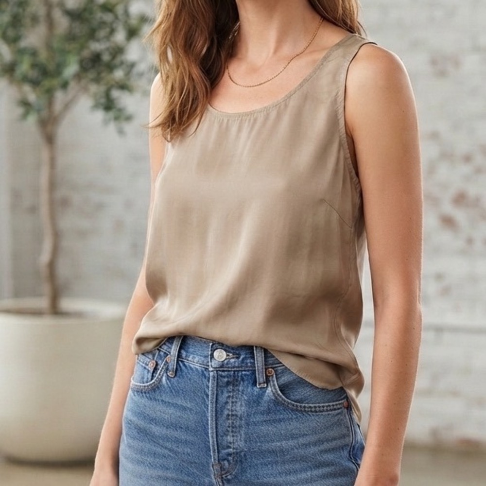 Silk House Womens Tan Beige 100% Silk Sleeveless Scoop Neck Tank Top Shell M